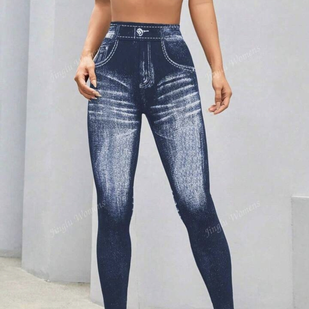 NWOT 2 Pairs Isadora Paccini Jean Printed Leggings Jeggings- Gray & Blue- Large